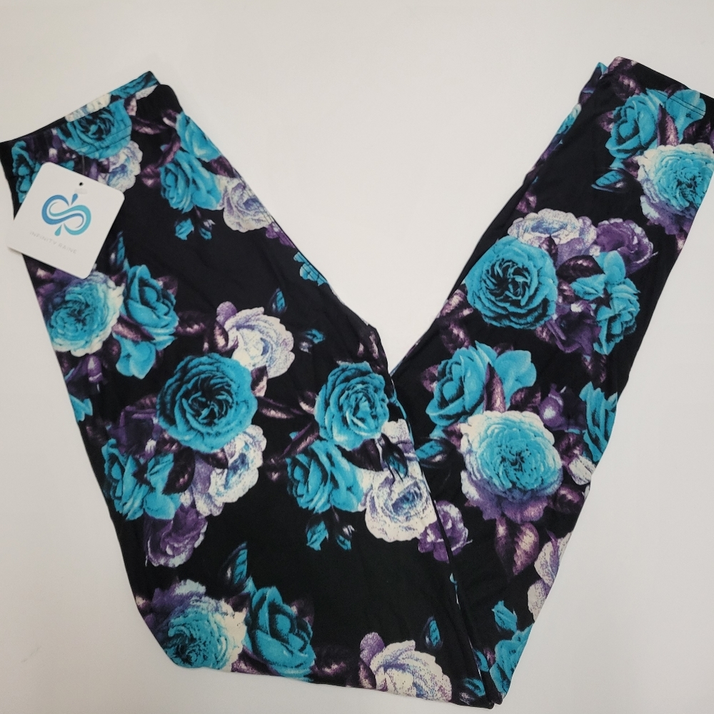 Infinity raine leggings floral black blue women's 2-12 OS cozy athleisure - Picture 1 of 6